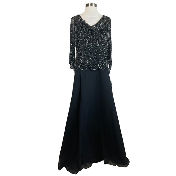 JKara Beaded Chiffon Long Sleeve A-Line Evening Gown Black Size 6 Formal Dress - Picture 1 of 9